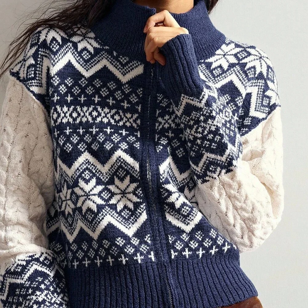Womens Blue High Neck Zip up Fair Isle Print Chunky Cable Knit Cardigan